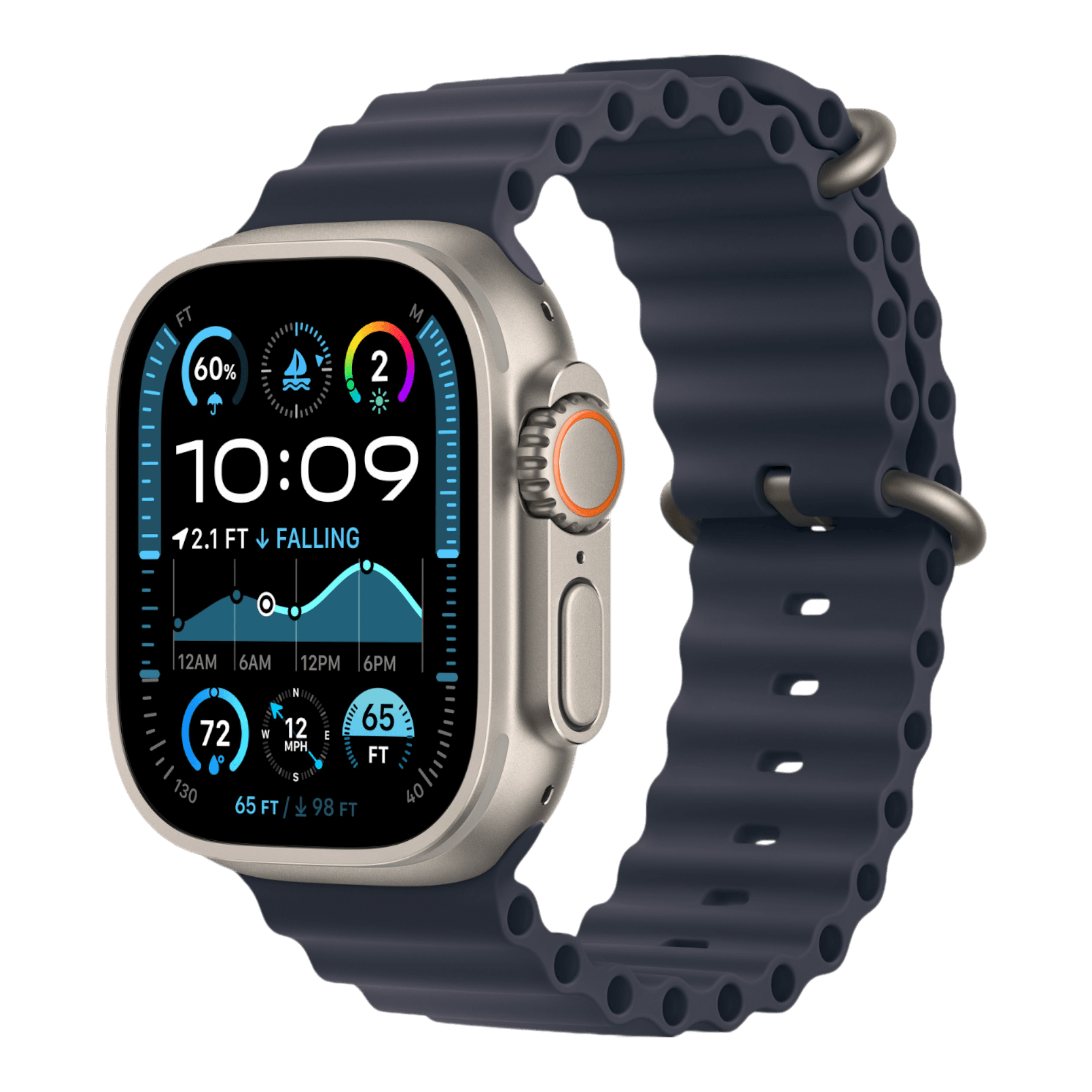 Apple Watch Ultra 2 GPS + Cellular, 49mm Natural Titanium Case with Navy Ocean Band - alAsil